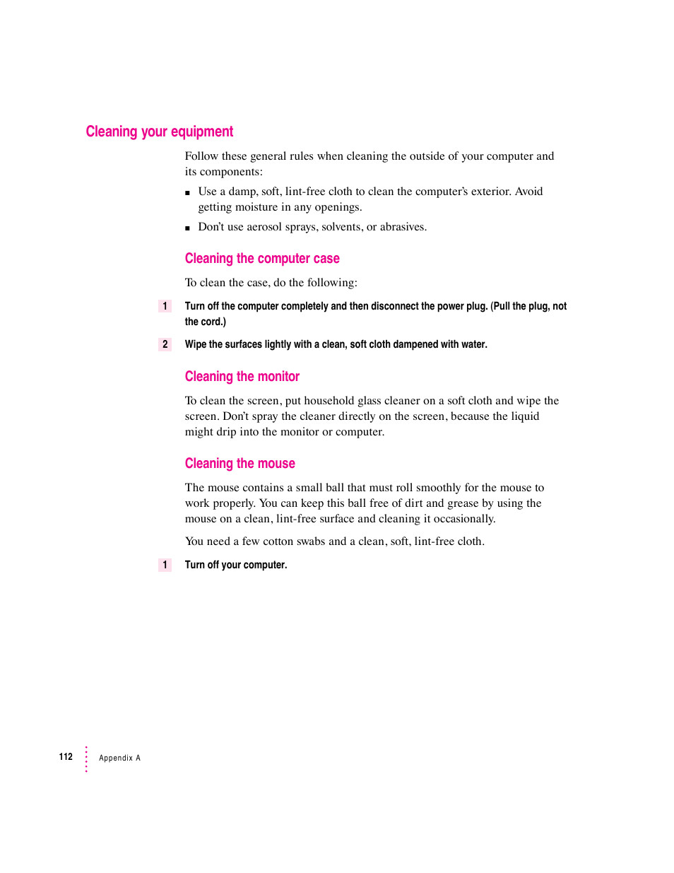 Cleaning your equipment | Apple Macintosh Performa 5400 Series User Manual | Page 113 / 184