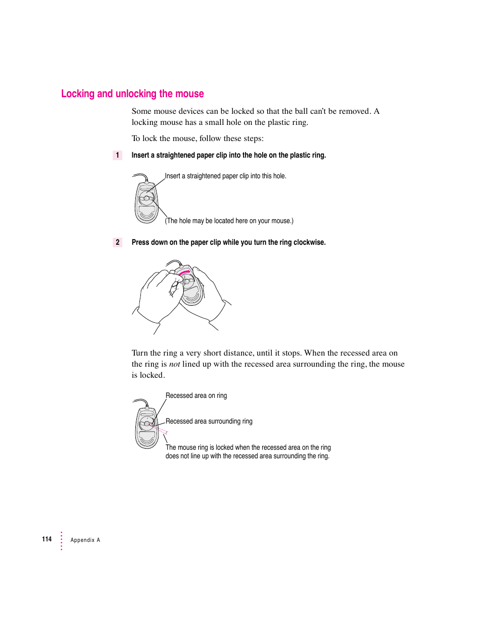 Locking and unlocking the mouse | Apple Macintosh Performa 5400 Series User Manual | Page 115 / 184