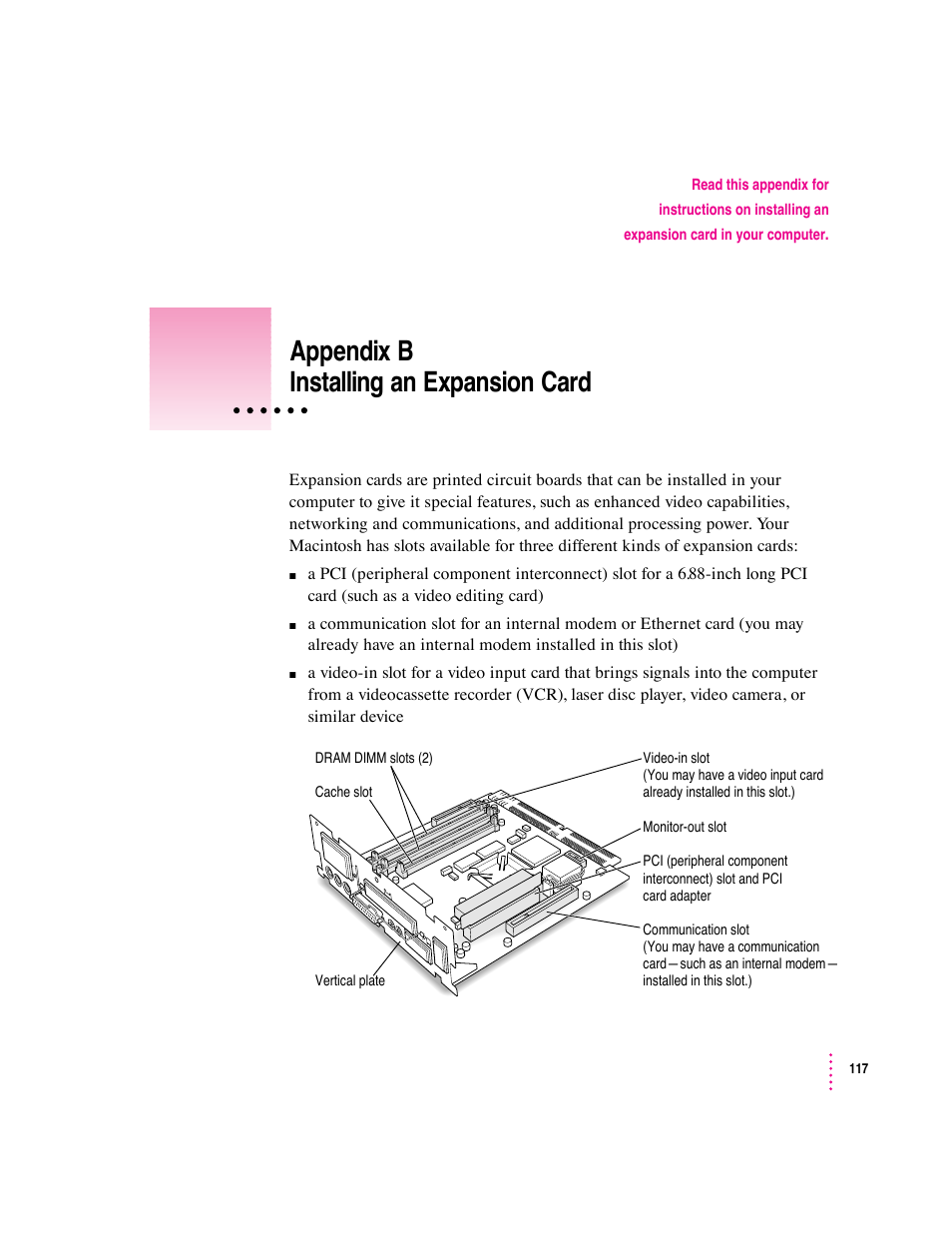 Appendix b installing an expansion card | Apple Macintosh Performa 5400 Series User Manual | Page 118 / 184