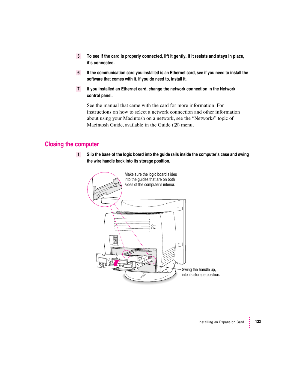 Closing the computer | Apple Macintosh Performa 5400 Series User Manual | Page 134 / 184