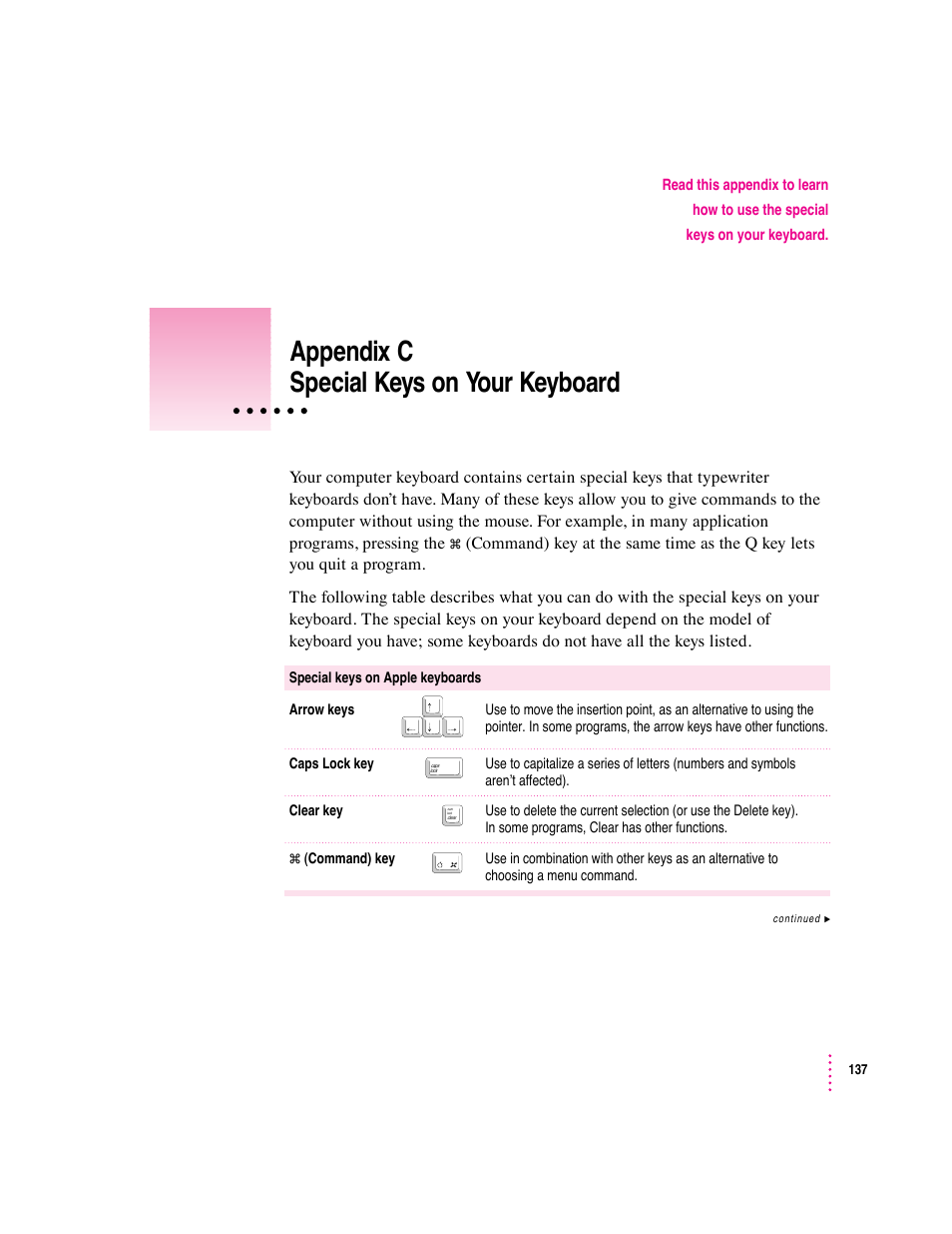 Appendix c special keys on your keyboard | Apple Macintosh Performa 5400 Series User Manual | Page 138 / 184