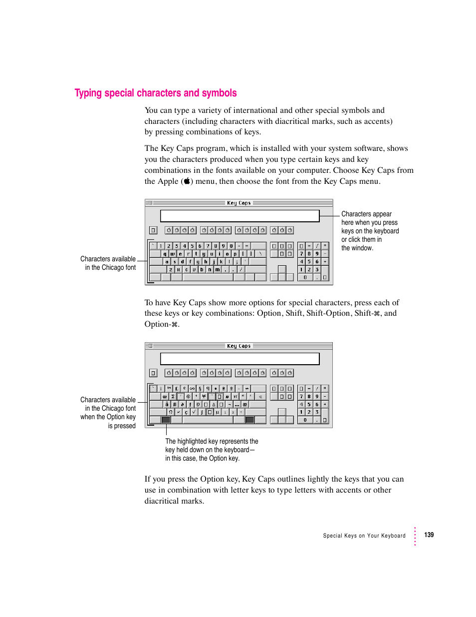 Typing special characters and symbols | Apple Macintosh Performa 5400 Series User Manual | Page 140 / 184