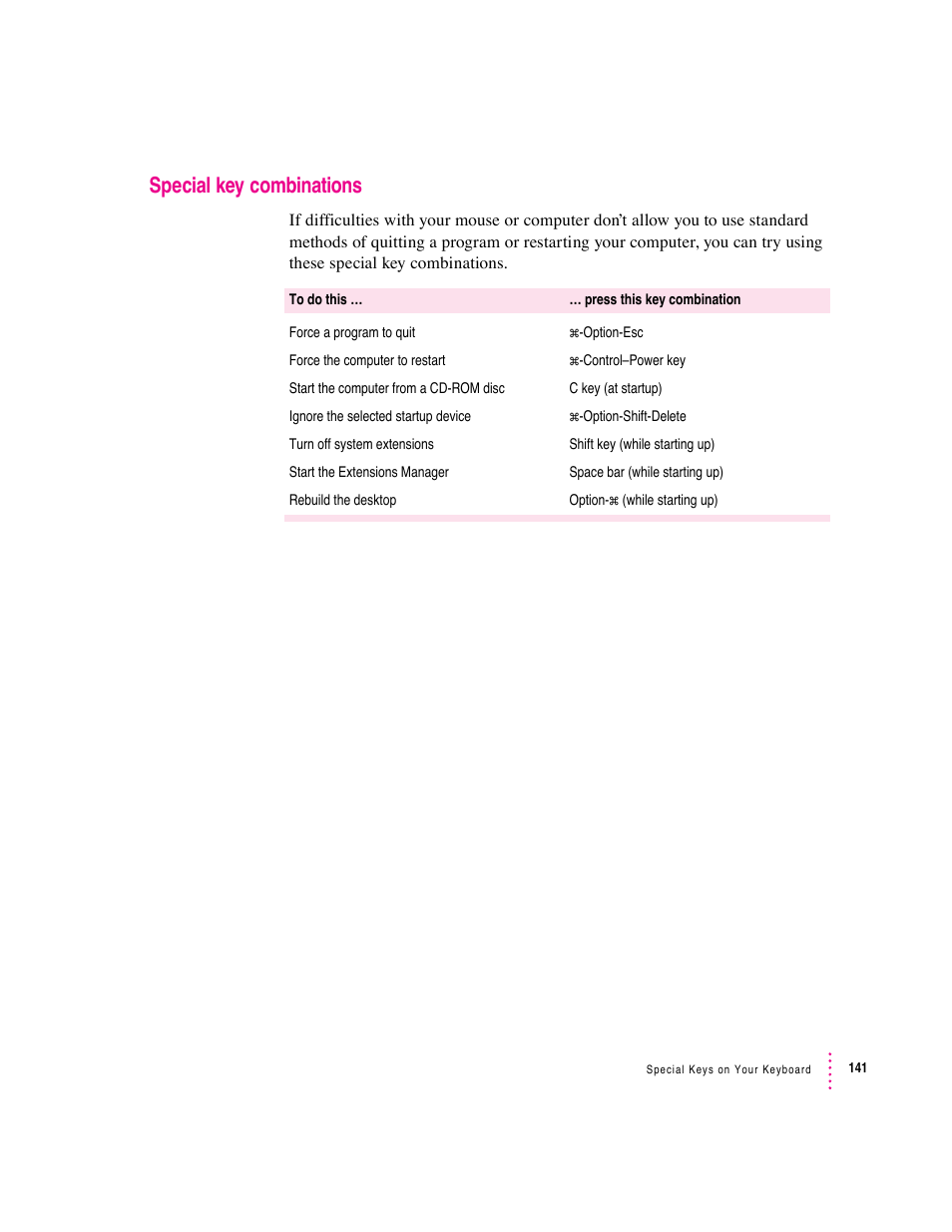 Special key combinations | Apple Macintosh Performa 5400 Series User Manual | Page 142 / 184