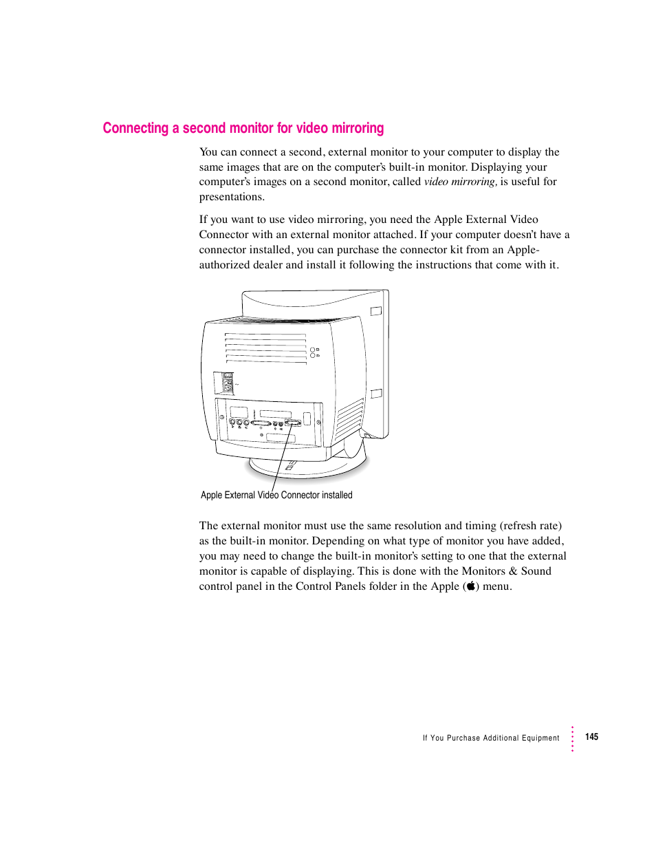 Connecting a second monitor for video mirroring | Apple Macintosh Performa 5400 Series User Manual | Page 146 / 184