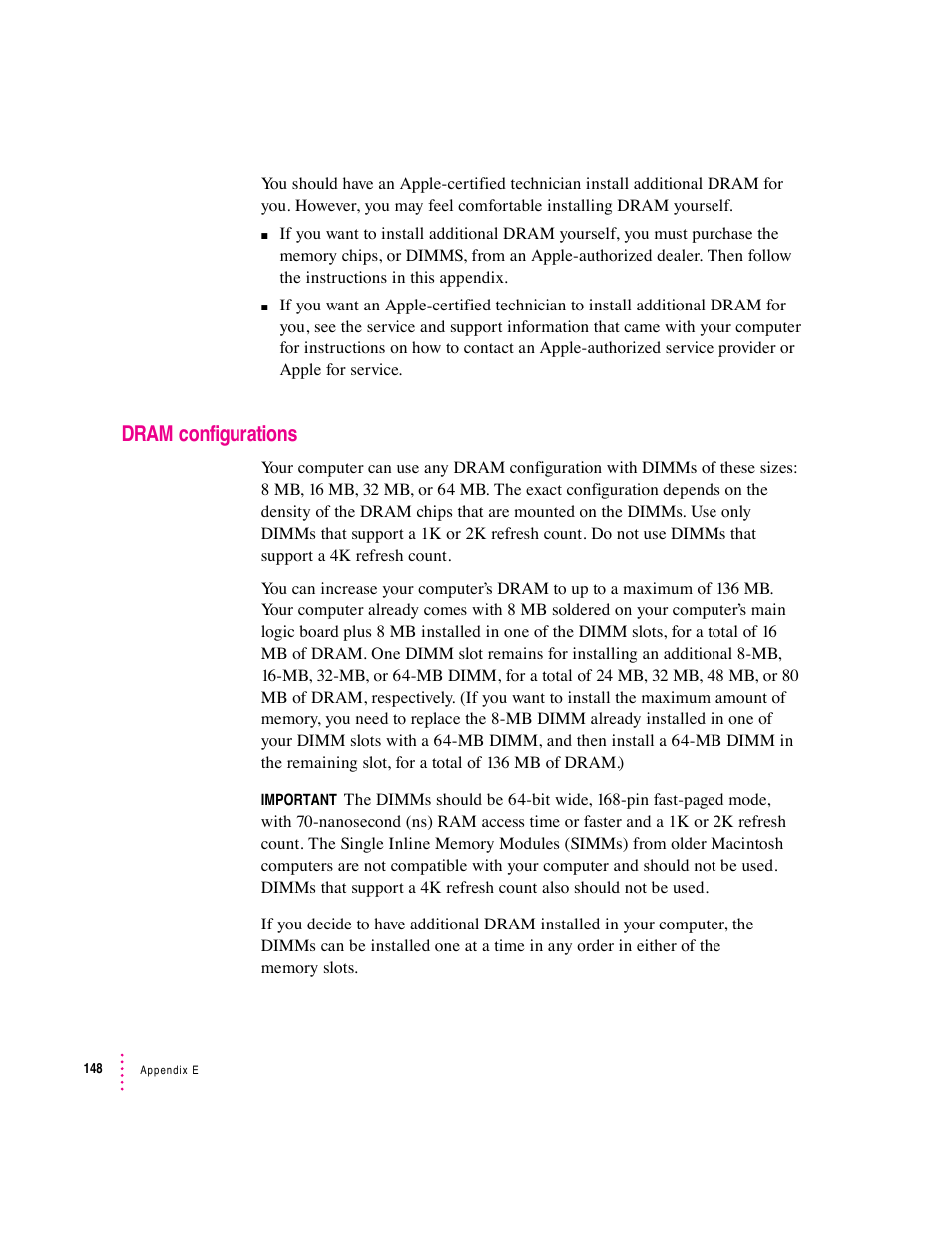 Dram configurations | Apple Macintosh Performa 5400 Series User Manual | Page 149 / 184