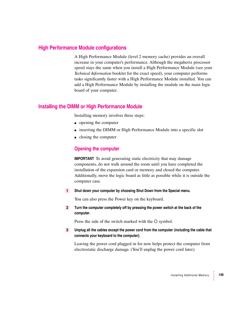 High performance module configurations, Installing the dimm or high performance module, Opening the computer | Apple Macintosh Performa 5400 Series User Manual | Page 150 / 184