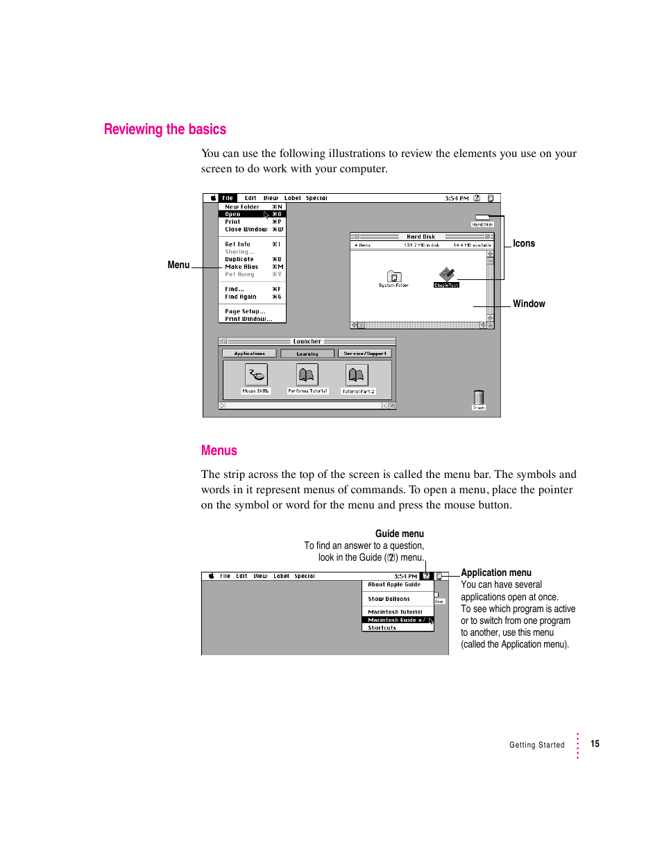 Reviewing the basics, Menus | Apple Macintosh Performa 5400 Series User Manual | Page 16 / 184