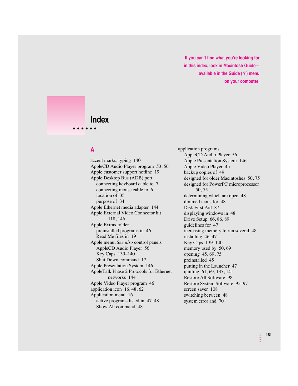 Index | Apple Macintosh Performa 5400 Series User Manual | Page 162 / 184