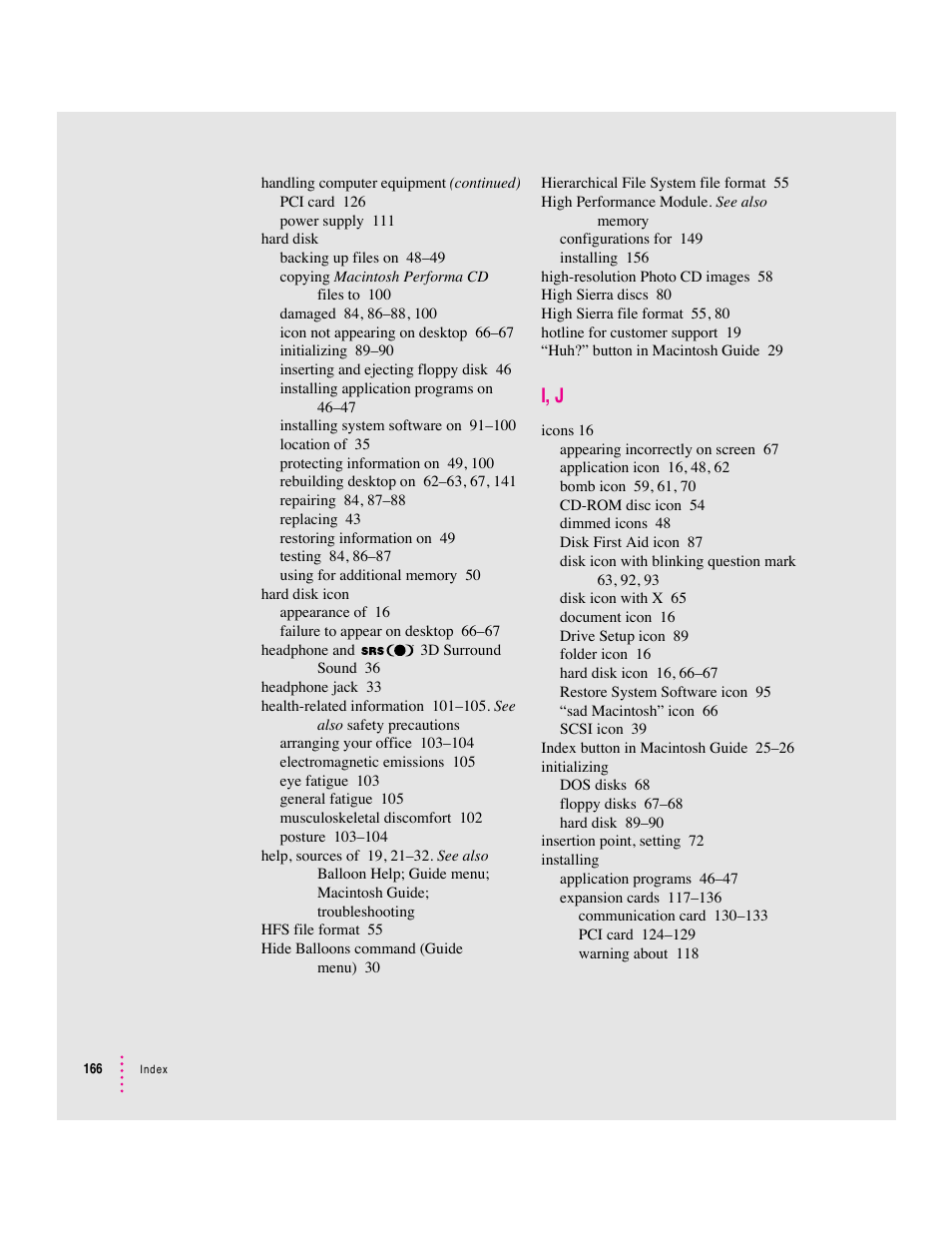 I, j | Apple Macintosh Performa 5400 Series User Manual | Page 167 / 184