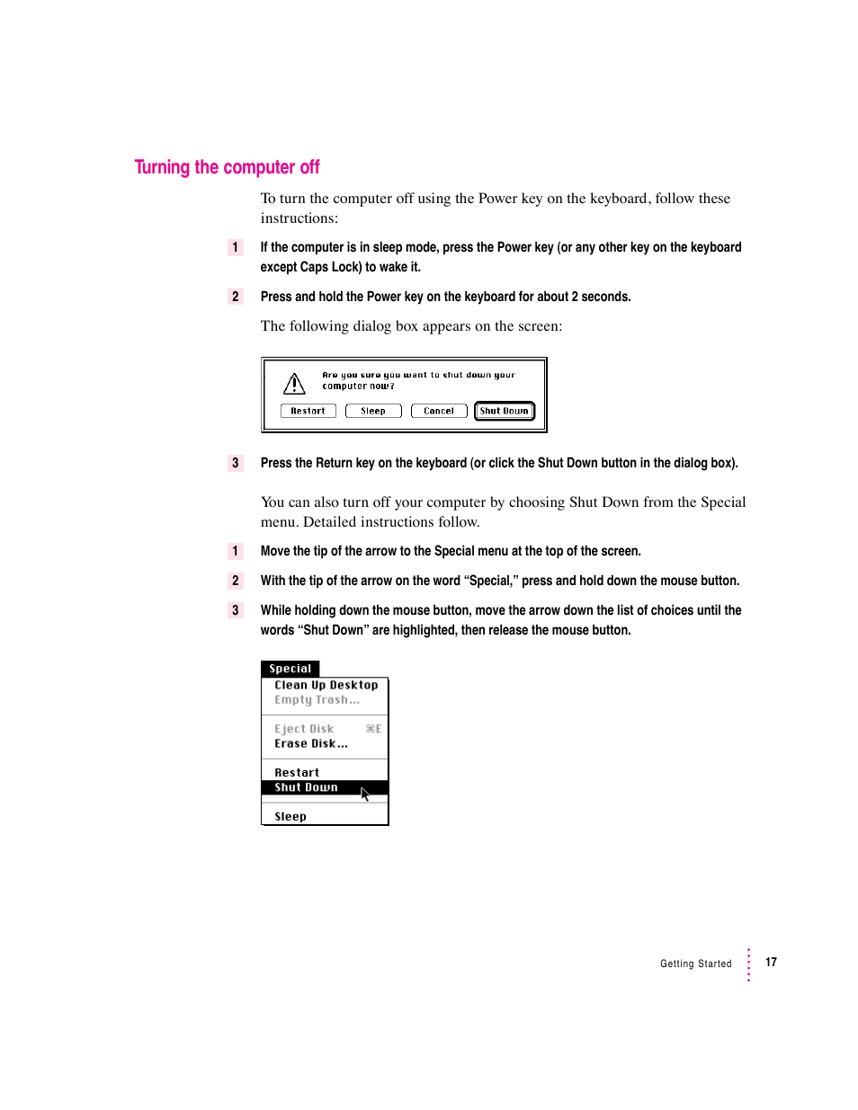 Turning the computer off | Apple Macintosh Performa 5400 Series User Manual | Page 18 / 184