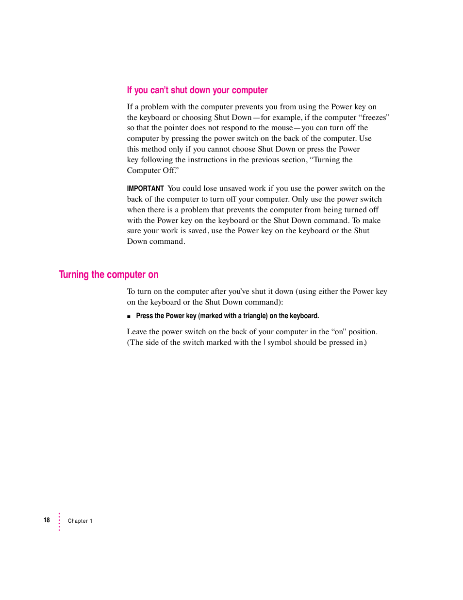 Turning the computer on, If you can’t shut down your computer | Apple Macintosh Performa 5400 Series User Manual | Page 19 / 184