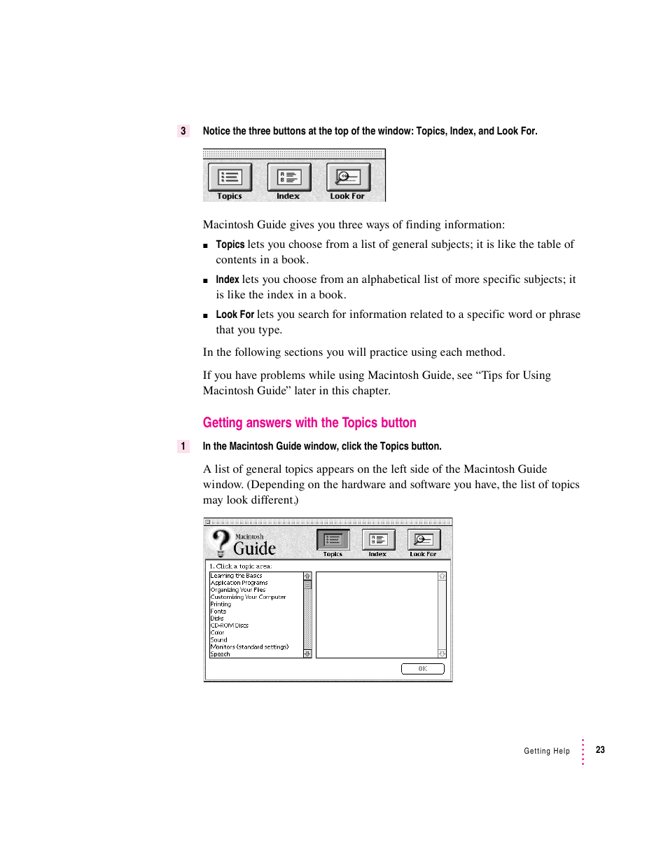 Getting answers with the topics button | Apple Macintosh Performa 5400 Series User Manual | Page 24 / 184