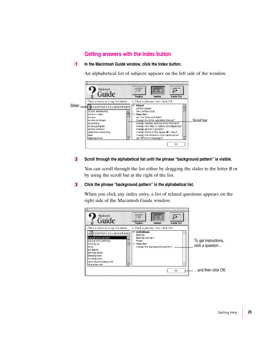 Getting answers with the index button | Apple Macintosh Performa 5400 Series User Manual | Page 26 / 184