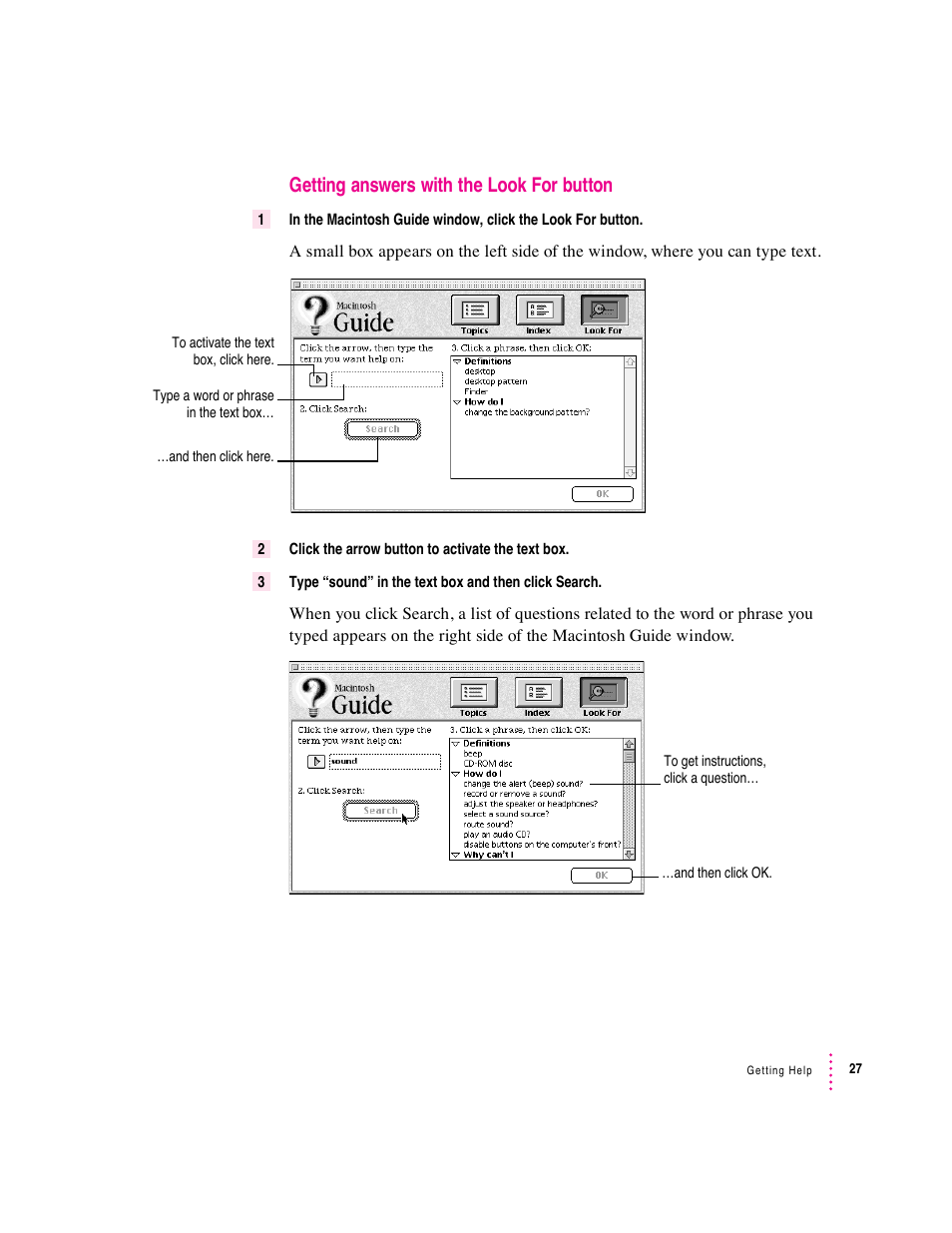 Getting answers with the look for button | Apple Macintosh Performa 5400 Series User Manual | Page 28 / 184