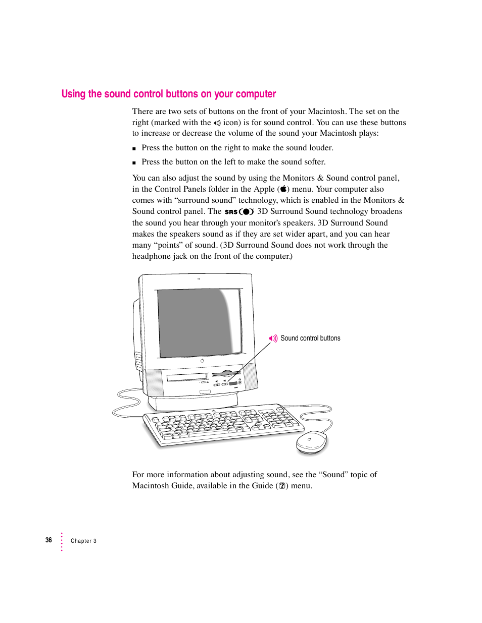 Using the sound control buttons on your computer | Apple Macintosh Performa 5400 Series User Manual | Page 37 / 184