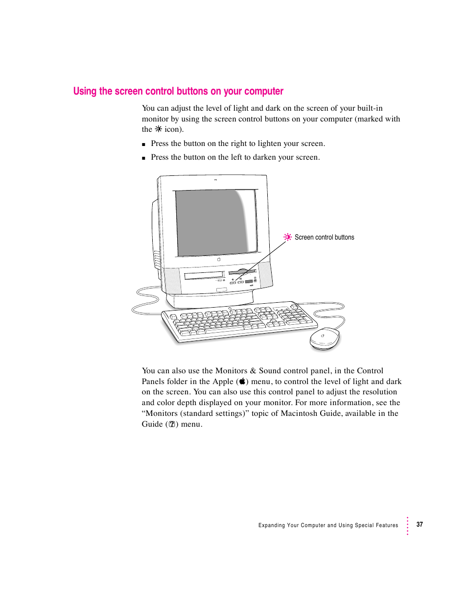 Using the screen control buttons on your computer | Apple Macintosh Performa 5400 Series User Manual | Page 38 / 184