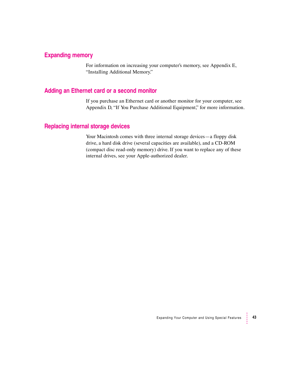 Adding an ethernet card or a second monitor, Replacing internal storage devices | Apple Macintosh Performa 5400 Series User Manual | Page 44 / 184