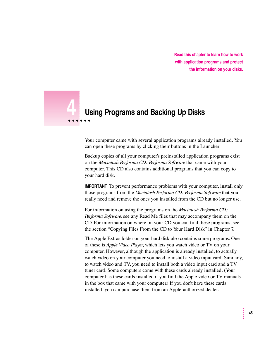 Using programs and backing up disks | Apple Macintosh Performa 5400 Series User Manual | Page 46 / 184