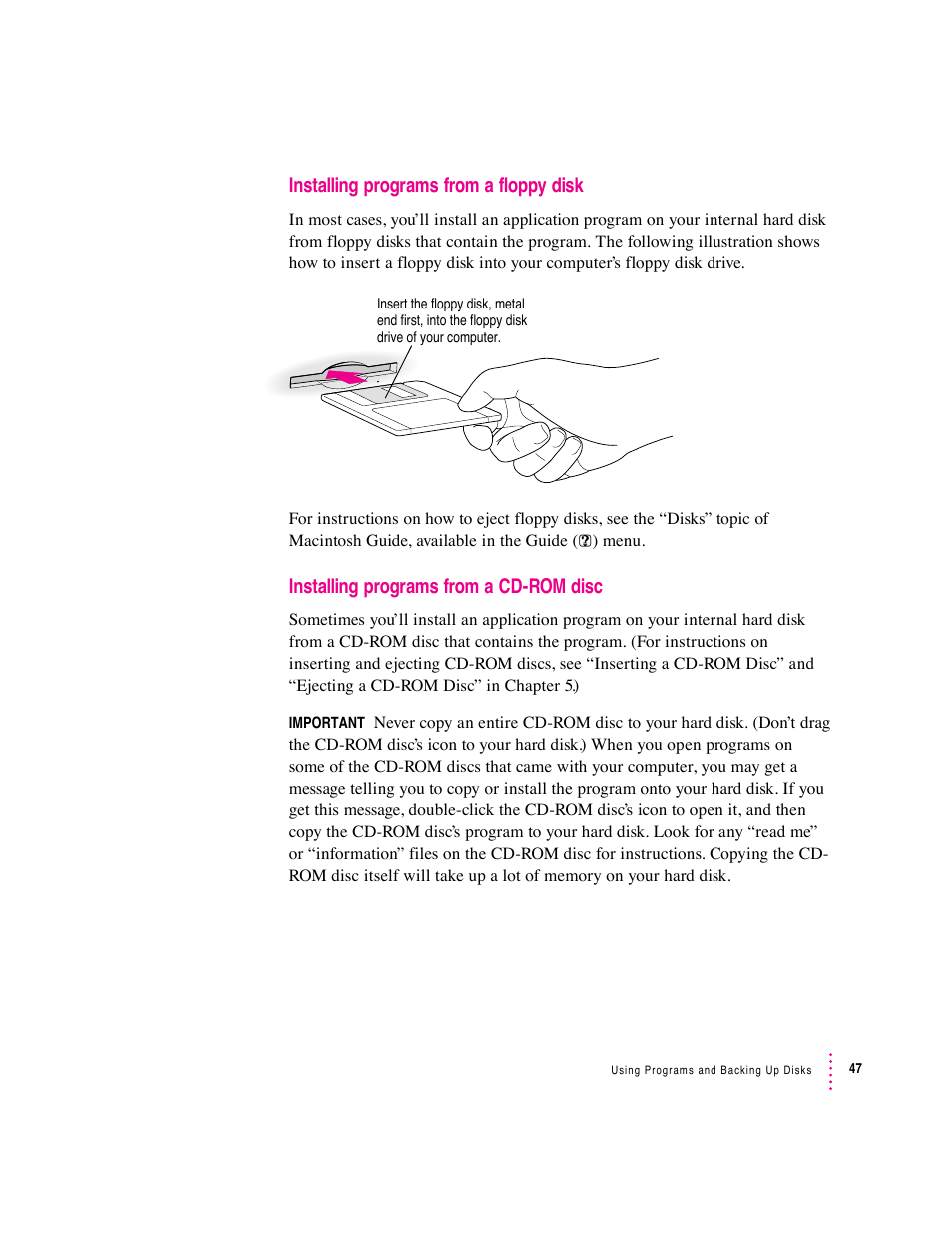 Installing programs from a floppy disk, Installing programs from a cd-rom disc | Apple Macintosh Performa 5400 Series User Manual | Page 48 / 184