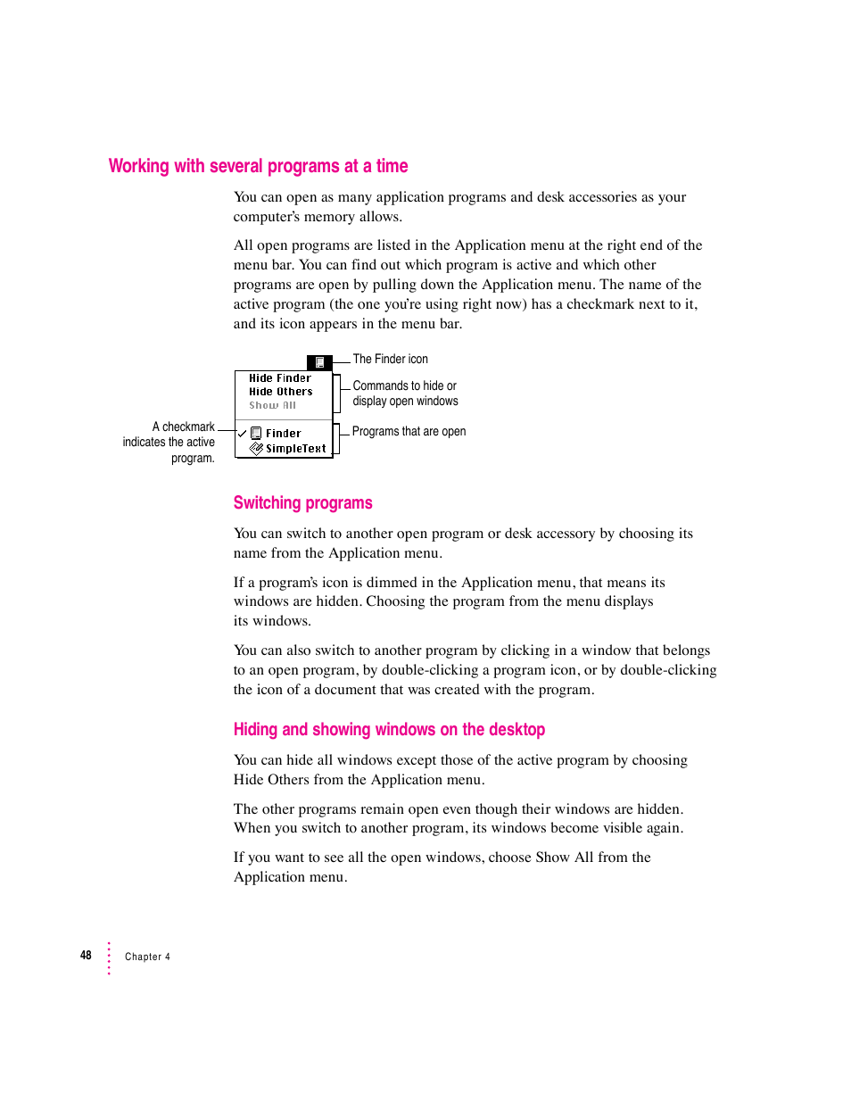 Working with several programs at a time, Switching programs, Hiding and showing windows on the desktop | Apple Macintosh Performa 5400 Series User Manual | Page 49 / 184