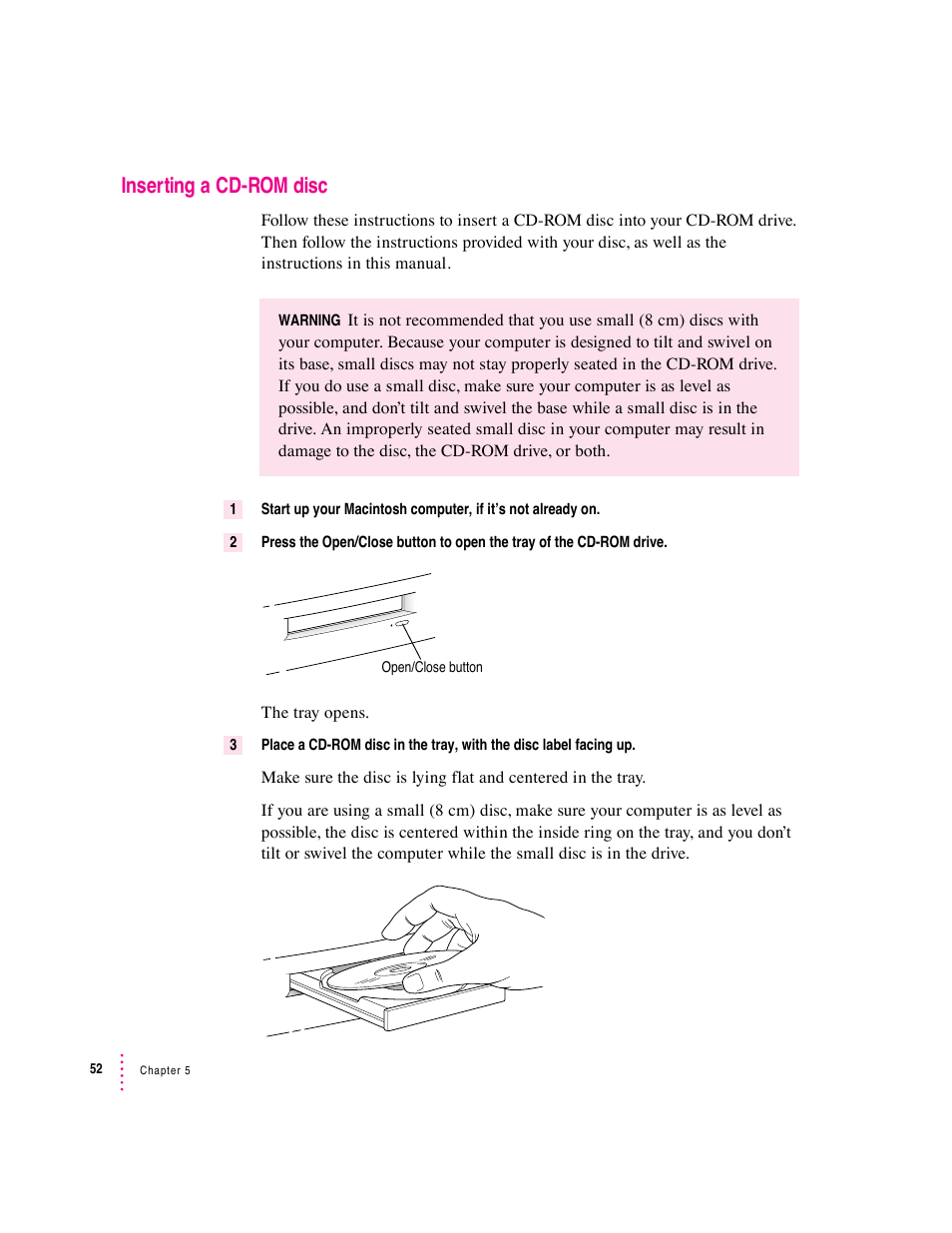 Inserting a cd-rom disc | Apple Macintosh Performa 5400 Series User Manual | Page 53 / 184