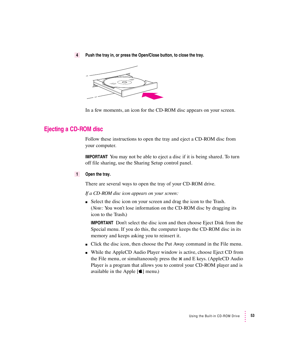 Ejecting a cd-rom disc | Apple Macintosh Performa 5400 Series User Manual | Page 54 / 184