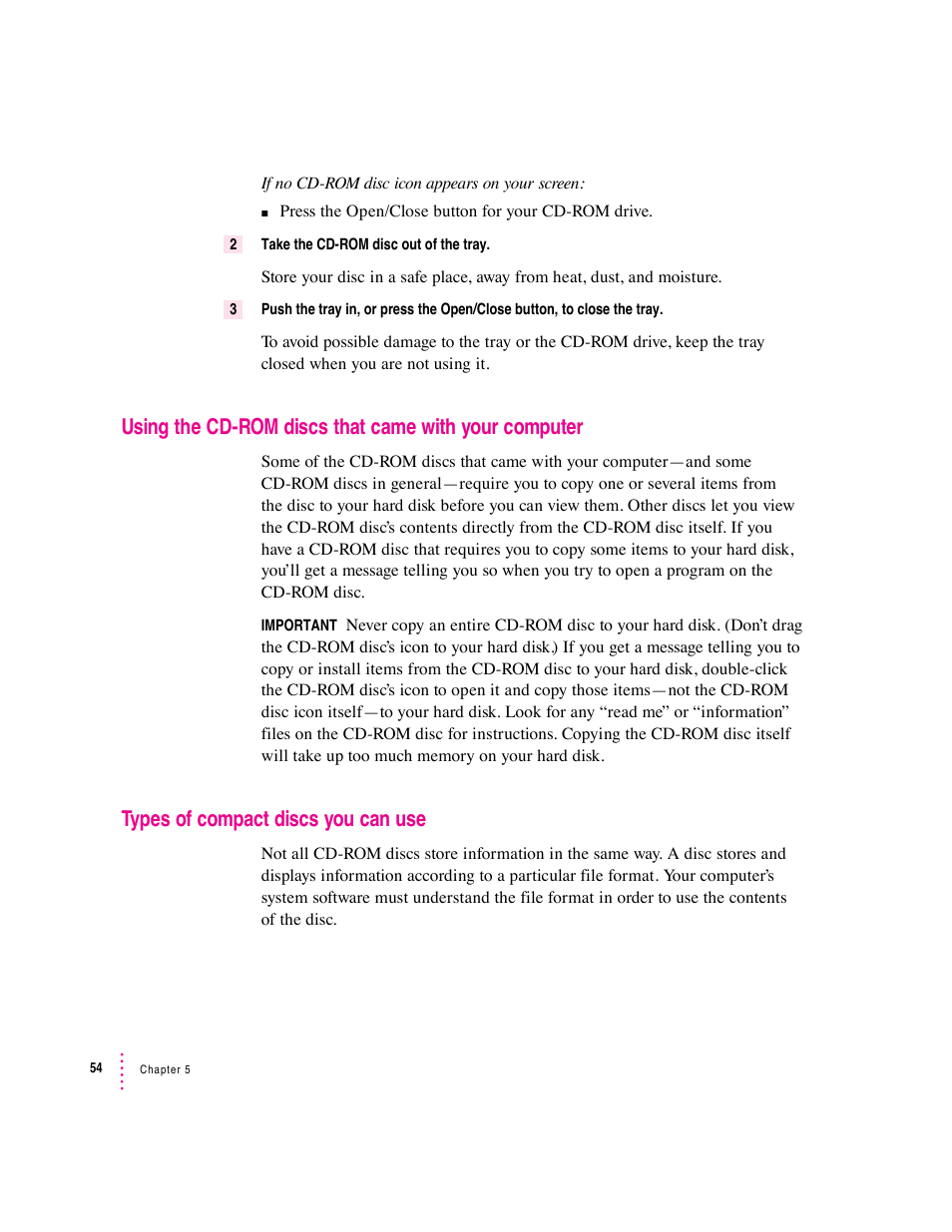 Types of compact discs you can use | Apple Macintosh Performa 5400 Series User Manual | Page 55 / 184