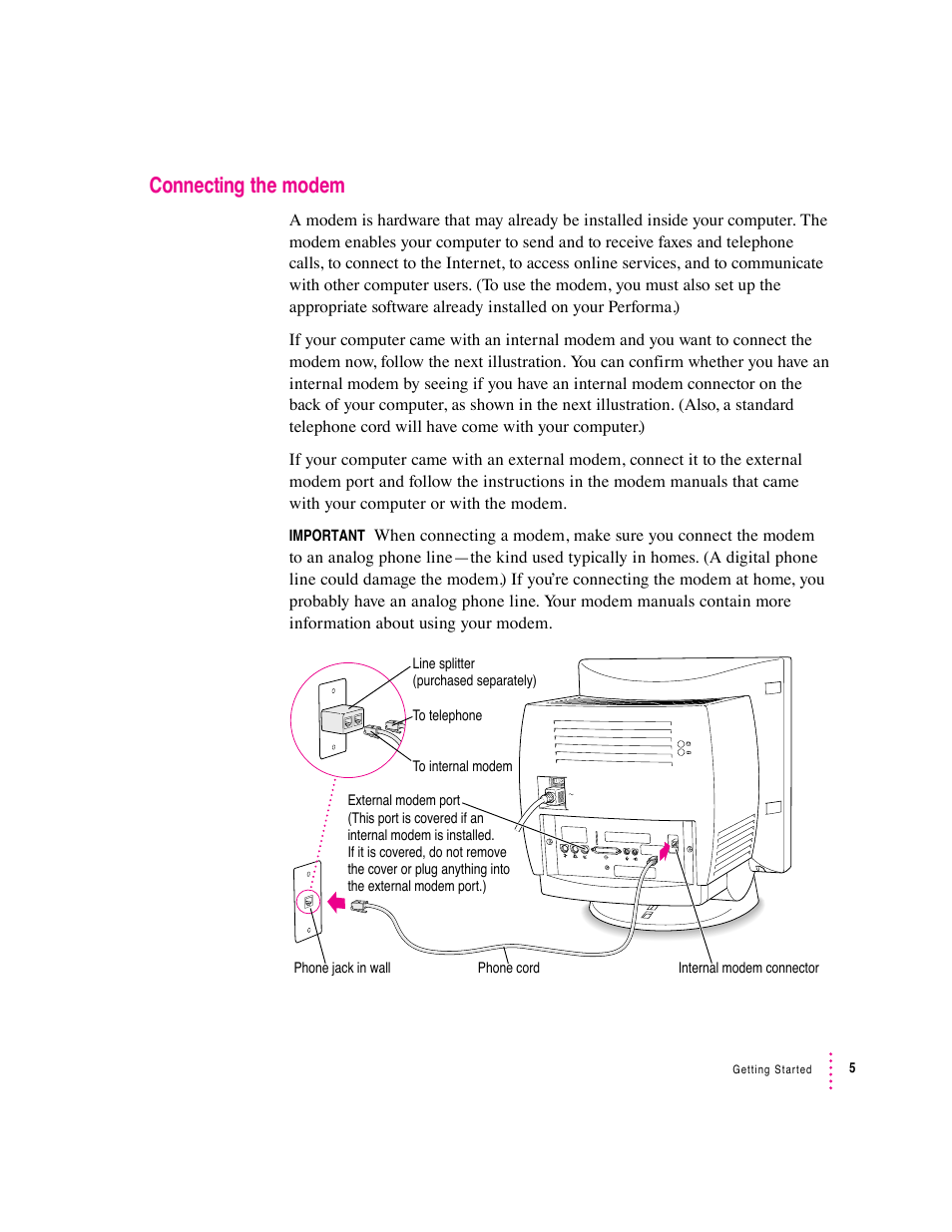 Connecting the modem | Apple Macintosh Performa 5400 Series User Manual | Page 6 / 184