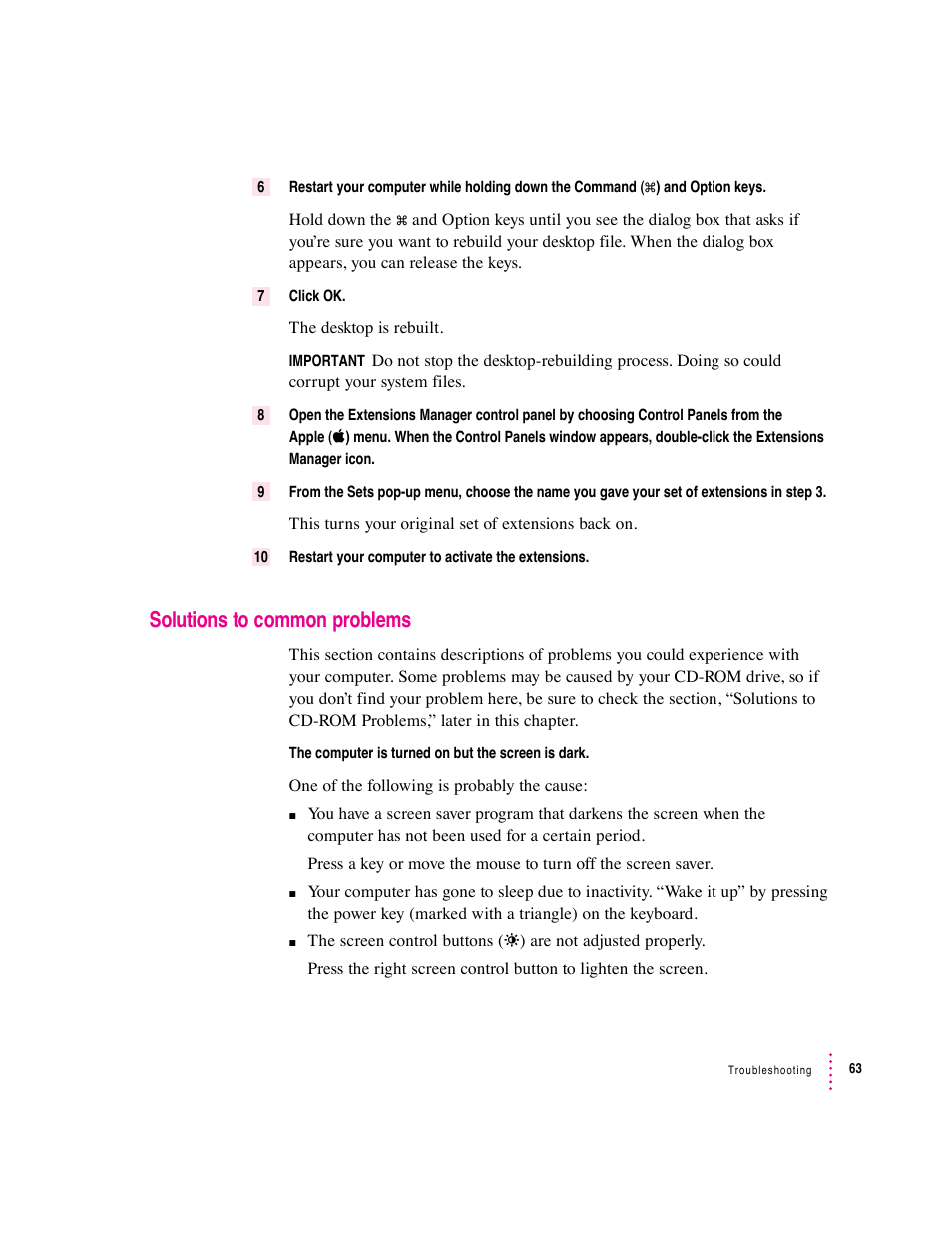 Solutions to common problems | Apple Macintosh Performa 5400 Series User Manual | Page 64 / 184