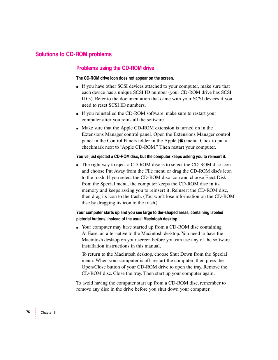 Solutions to cd-rom problems | Apple Macintosh Performa 5400 Series User Manual | Page 77 / 184