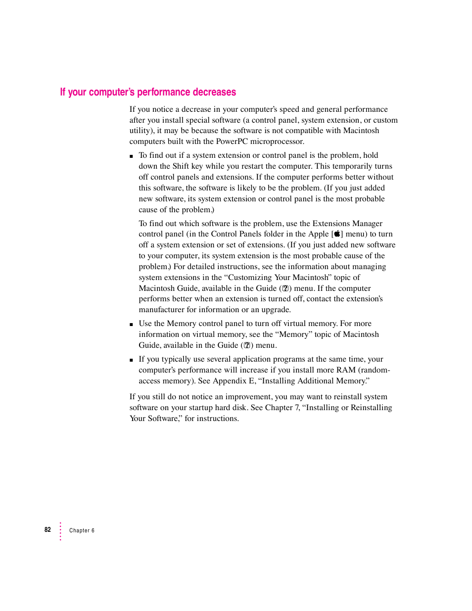 If your computer’s performance decreases | Apple Macintosh Performa 5400 Series User Manual | Page 83 / 184