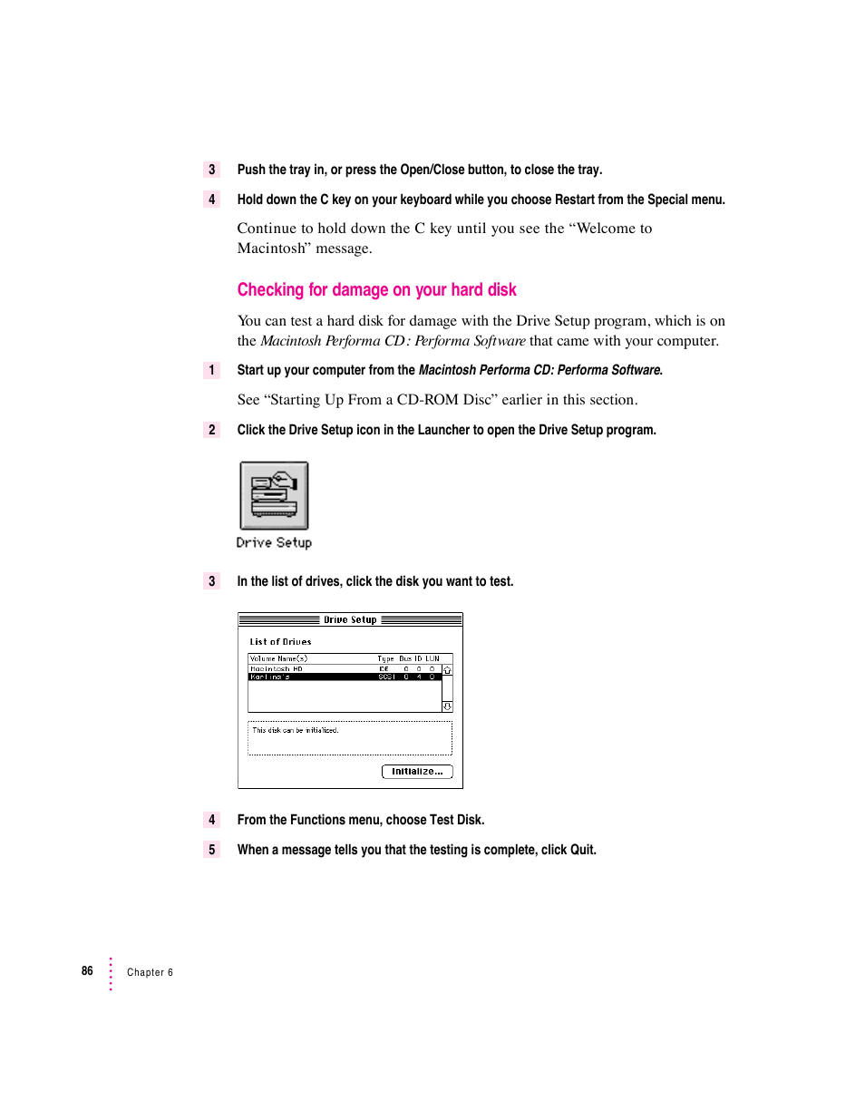 Checking for damage on your hard disk | Apple Macintosh Performa 5400 Series User Manual | Page 87 / 184