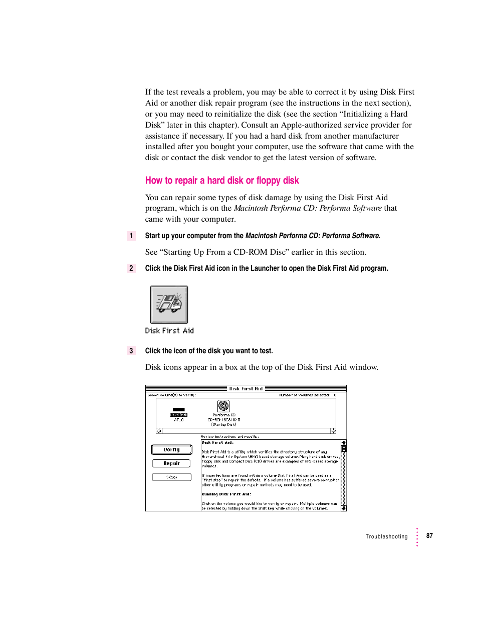 How to repair a hard disk or floppy disk | Apple Macintosh Performa 5400 Series User Manual | Page 88 / 184