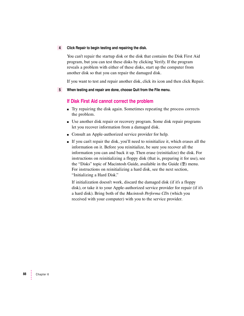 If disk first aid cannot correct the problem | Apple Macintosh Performa 5400 Series User Manual | Page 89 / 184