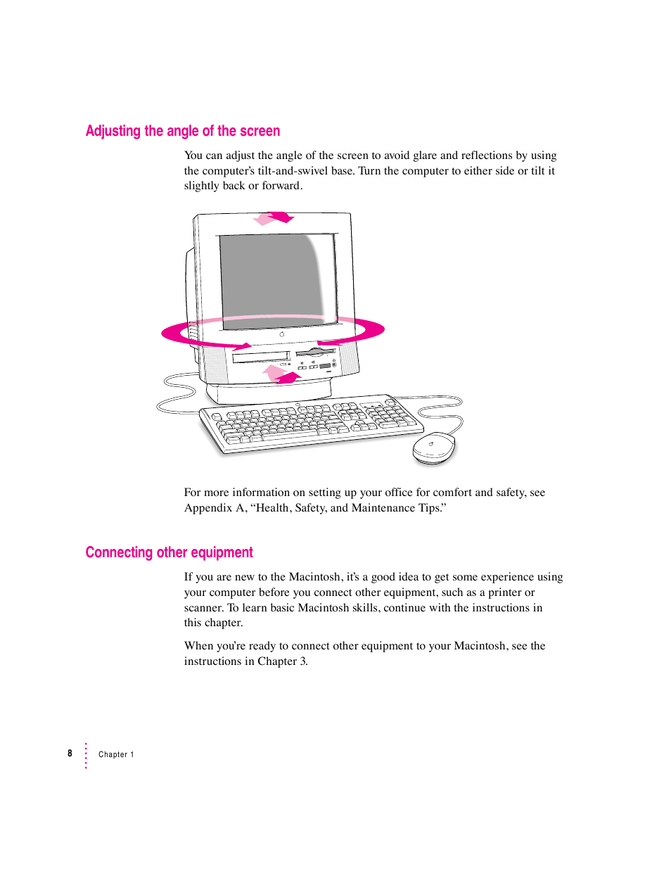 Adjusting the angle of the screen, Connecting other equipment | Apple Macintosh Performa 5400 Series User Manual | Page 9 / 184