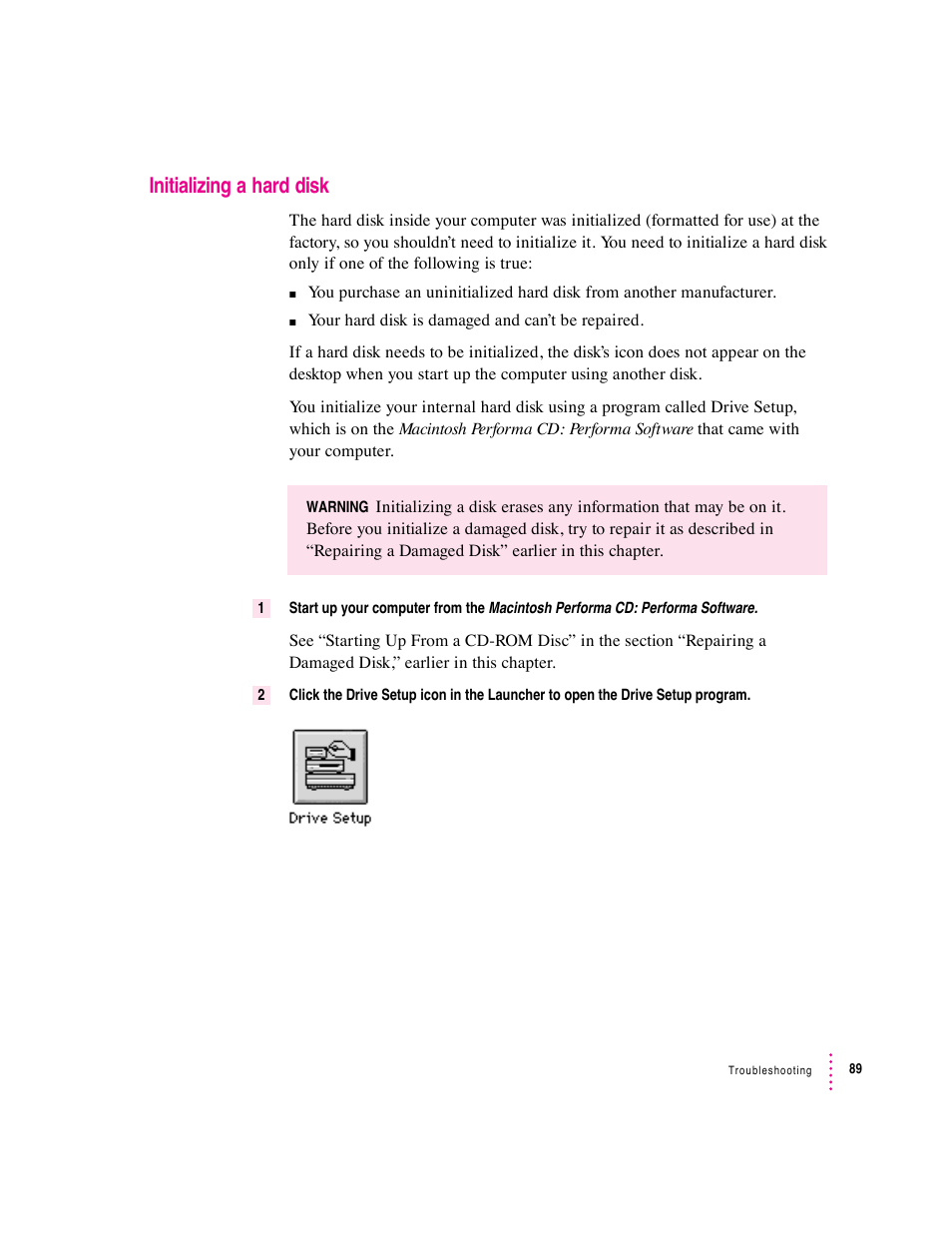 Initializing a hard disk | Apple Macintosh Performa 5400 Series User Manual | Page 90 / 184