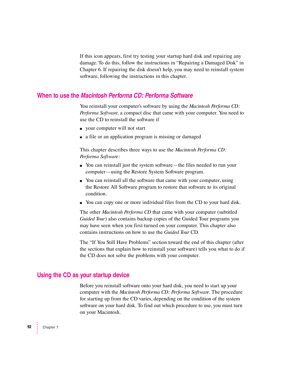 Macintosh performa cd: performa software, When to use the, Using the cd as your startup device | Apple Macintosh Performa 5400 Series User Manual | Page 93 / 184