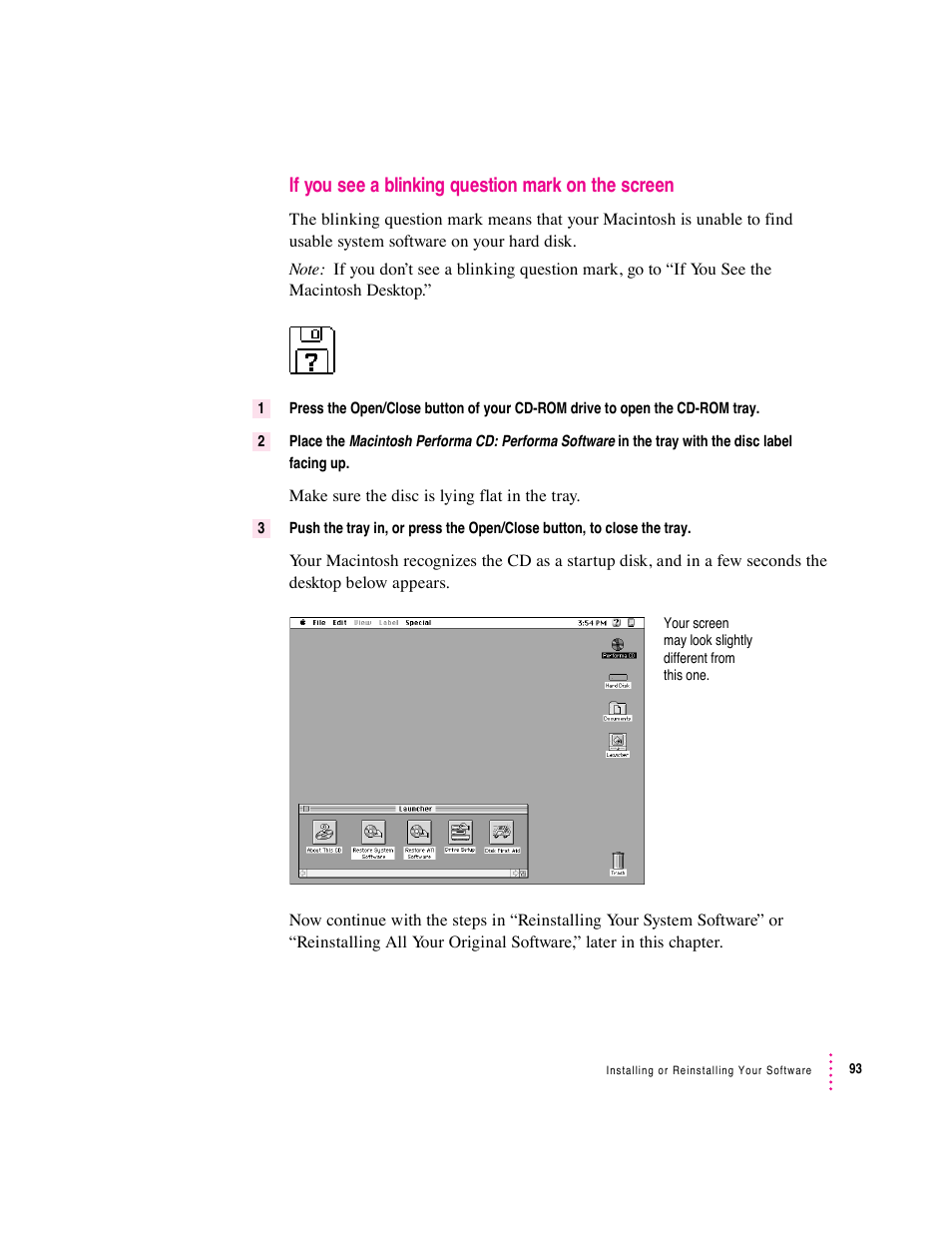 If you see a blinking question mark on the screen | Apple Macintosh Performa 5400 Series User Manual | Page 94 / 184