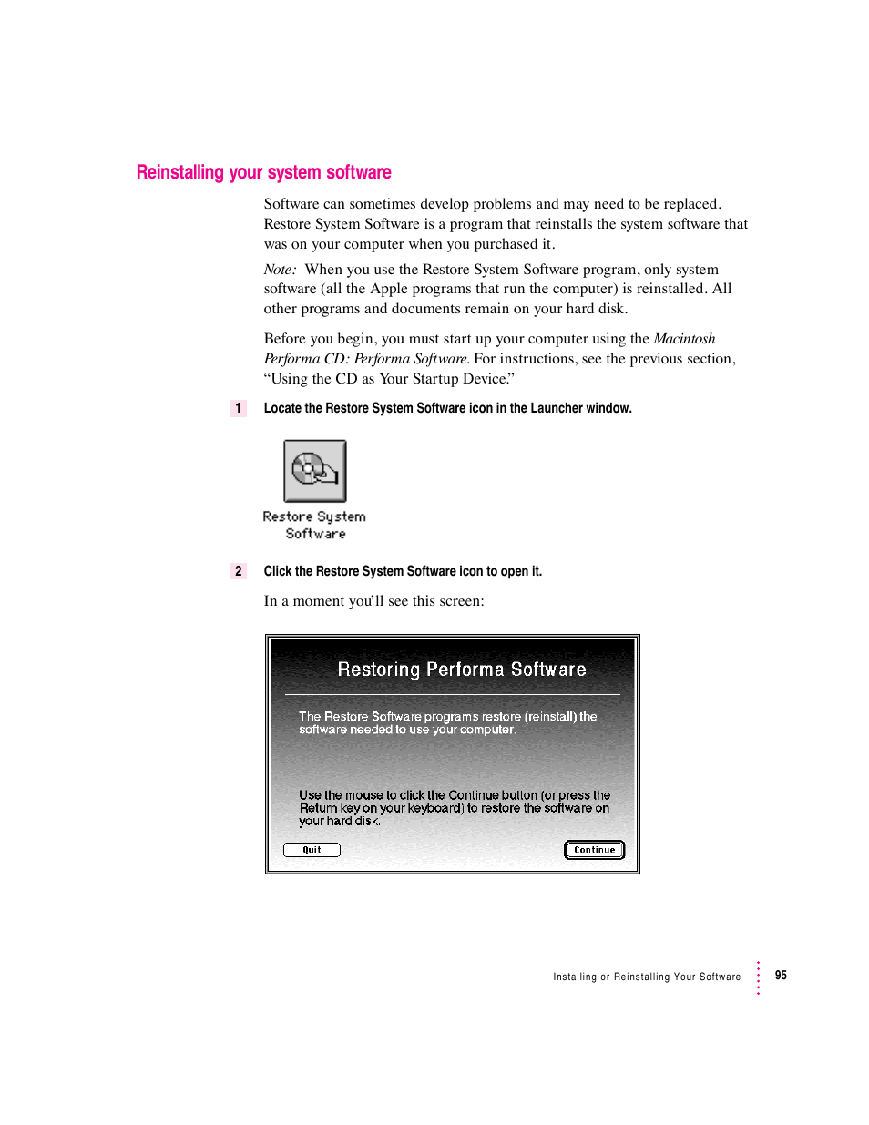 Reinstalling your system software | Apple Macintosh Performa 5400 Series User Manual | Page 96 / 184