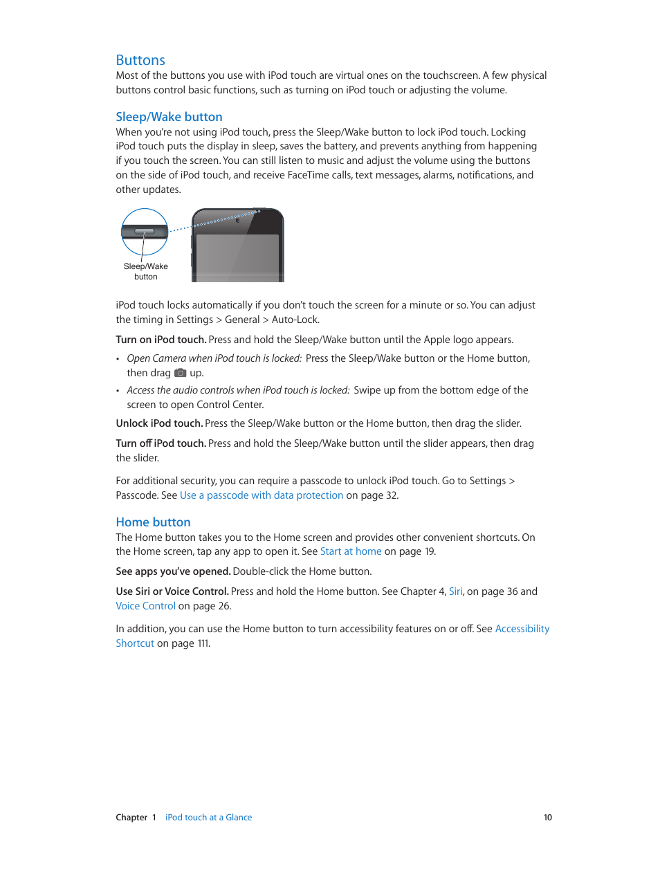 Buttons, 10 buttons, Sleep/wake button | Home button | Apple iPod touch iOS 7.1 User Manual | Page 10 / 144