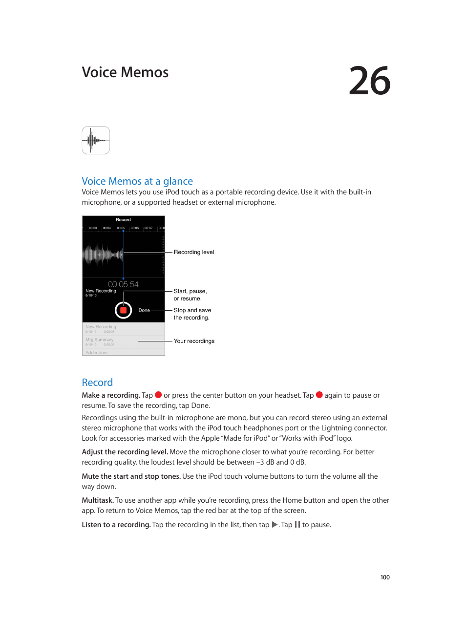 Chapter 26: voice memos, Voice memos at a glance, Record | 100 voice memos at a glance 100 record | Apple iPod touch iOS 7.1 User Manual | Page 100 / 144