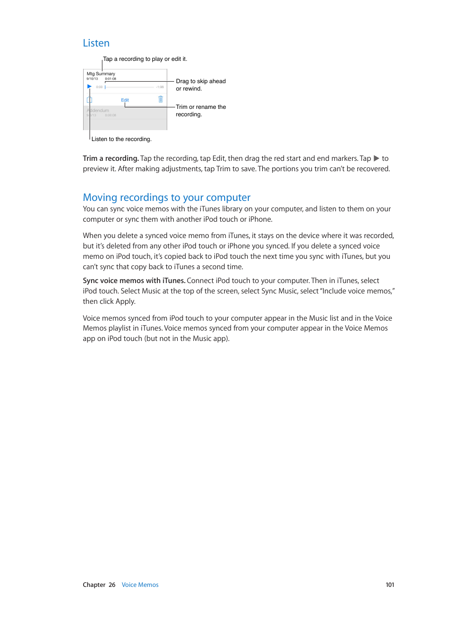 Listen, Moving recordings to your computer, 101 listen 101 moving recordings to your computer | Apple iPod touch iOS 7.1 User Manual | Page 101 / 144