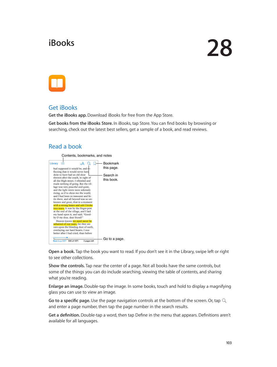 Chapter 28: ibooks, Get ibooks, Read a book | 103 get ibooks 103 read a book, Ibooks | Apple iPod touch iOS 7.1 User Manual | Page 103 / 144