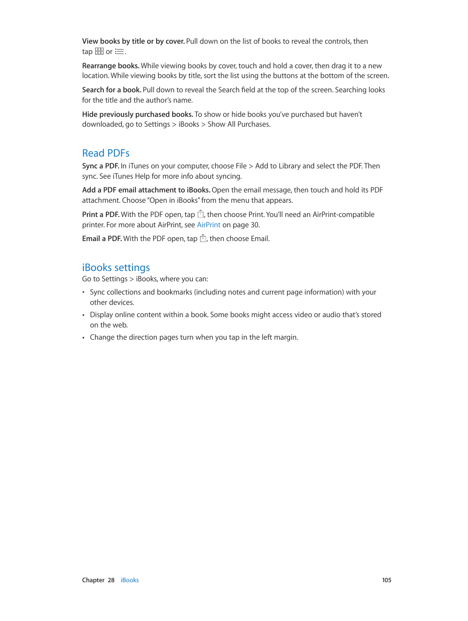 Read pdfs, Ibooks settings, 105 read pdfs 105 ibooks settings | Apple iPod touch iOS 7.1 User Manual | Page 105 / 144