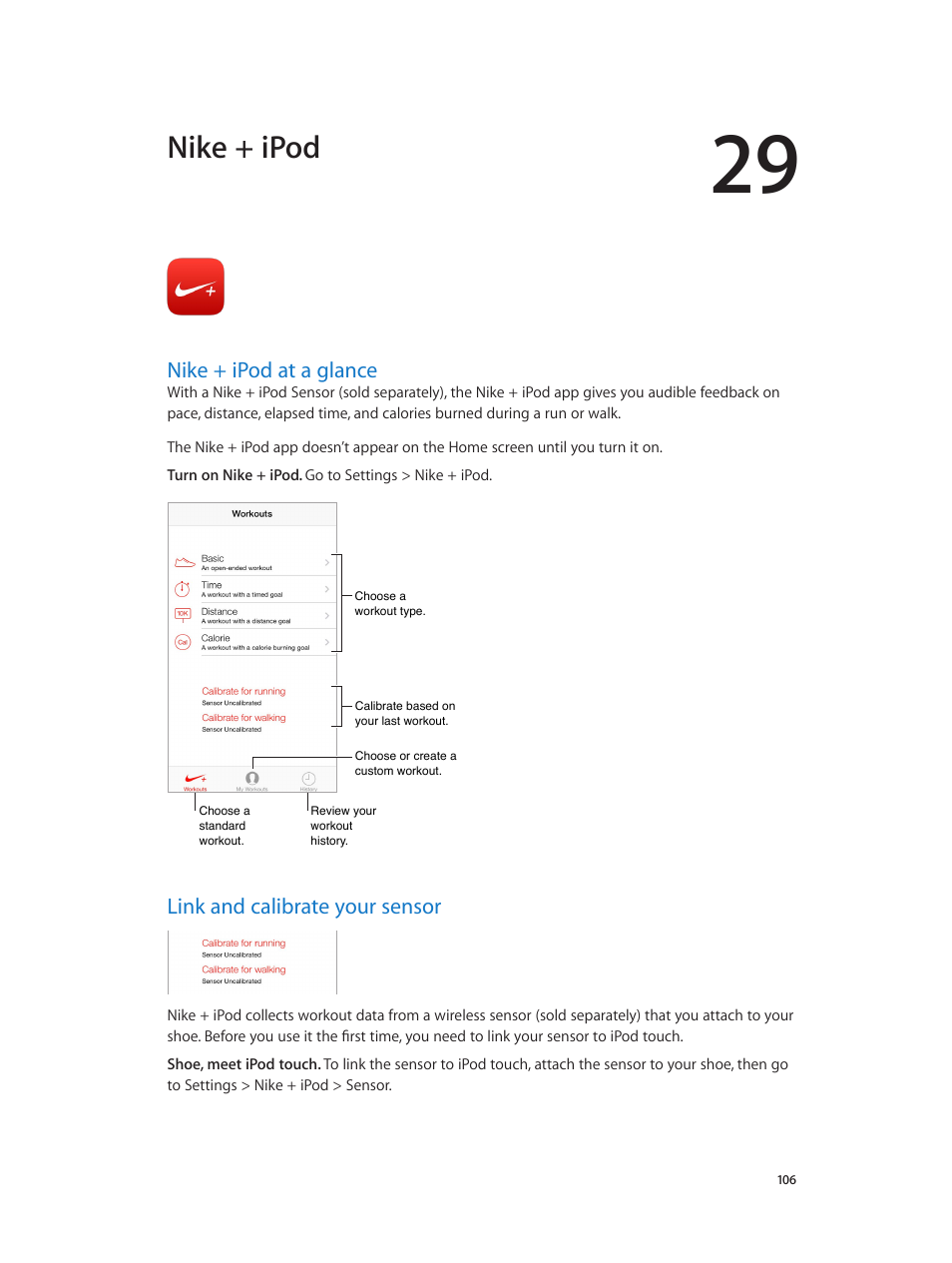 Chapter 29: nike + ipod, Nike + ipod at a glance, Link and calibrate your sensor | Nike + ipod | Apple iPod touch iOS 7.1 User Manual | Page 106 / 144