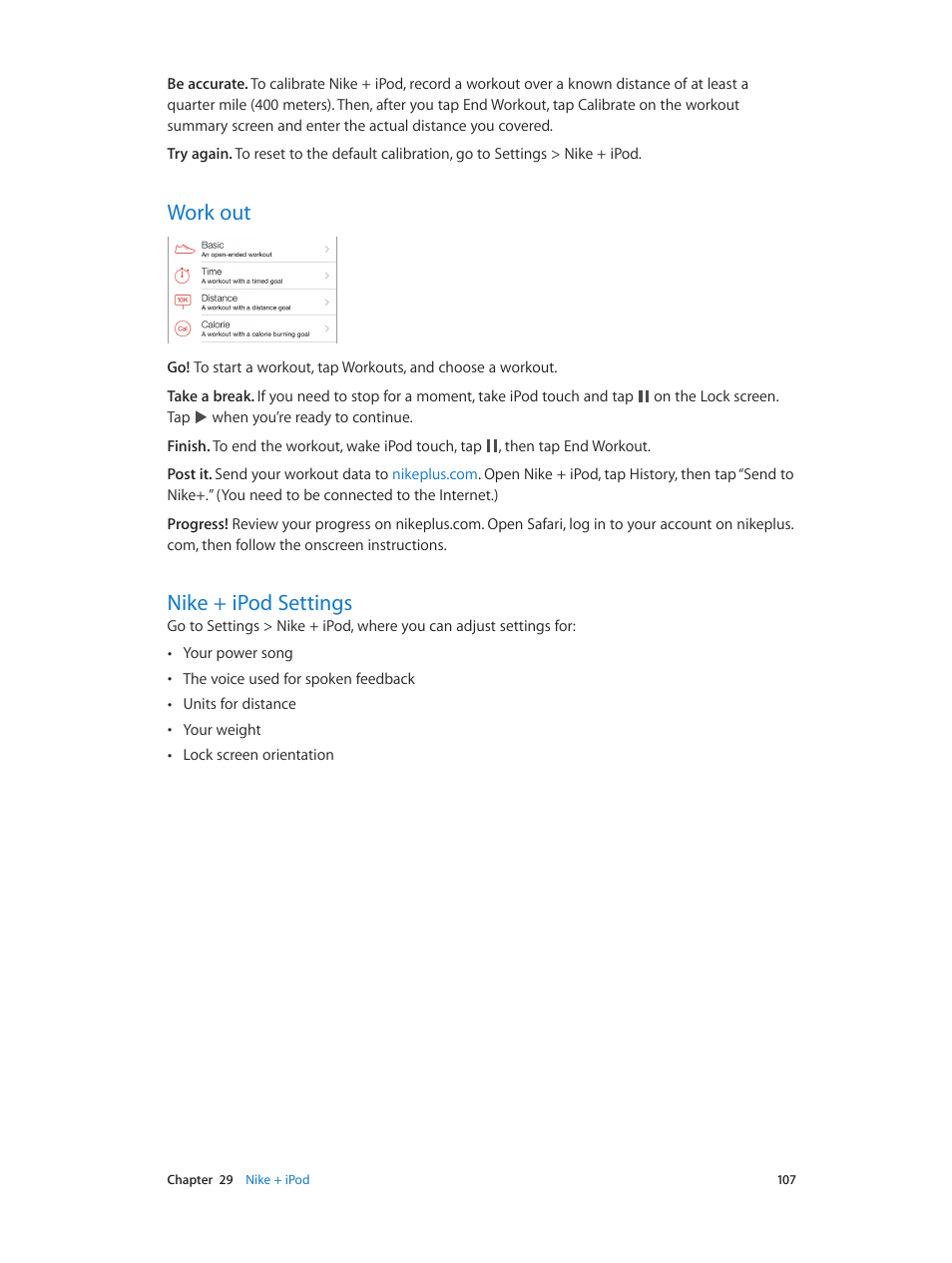 Work out, Nike + ipod settings, 107 work out 107 nike + ipod settings | Apple iPod touch iOS 7.1 User Manual | Page 107 / 144