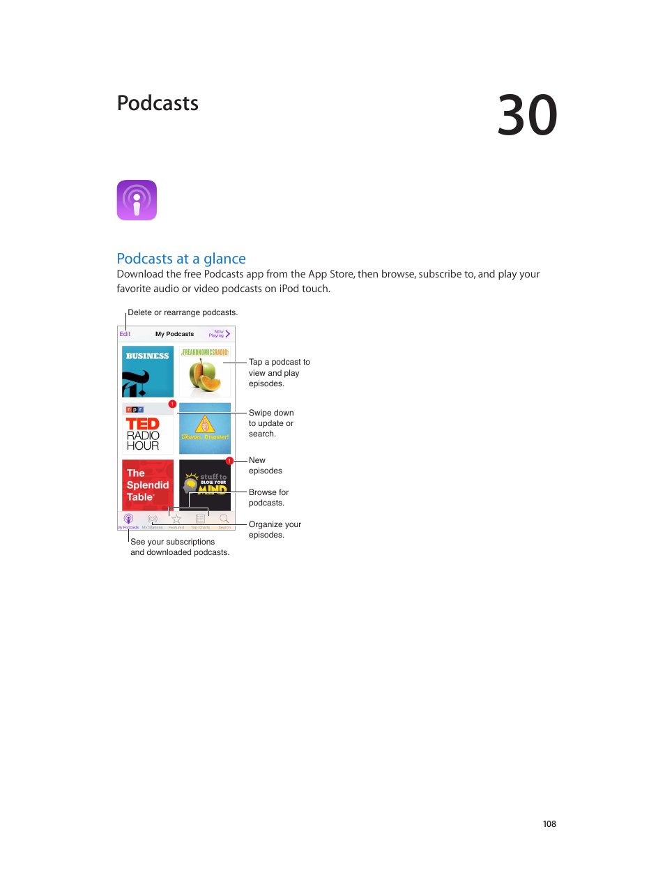 Chapter 30: podcasts, Podcasts at a glance, 108 podcasts at a glance | Podcasts | Apple iPod touch iOS 7.1 User Manual | Page 108 / 144