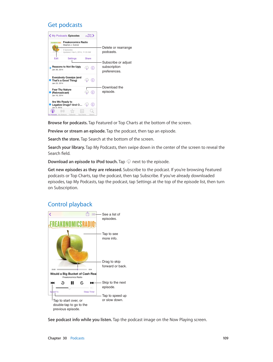 Get podcasts, Control playback, 109 get podcasts 109 control playback | Apple iPod touch iOS 7.1 User Manual | Page 109 / 144