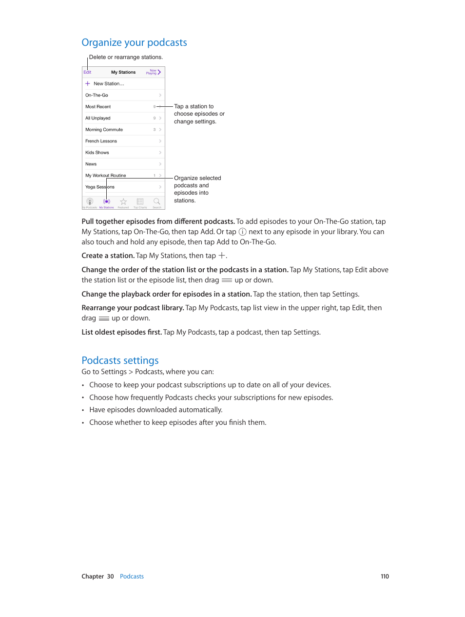 Organize your podcasts, Podcasts settings, 110 organize your podcasts 110 podcasts settings | Apple iPod touch iOS 7.1 User Manual | Page 110 / 144