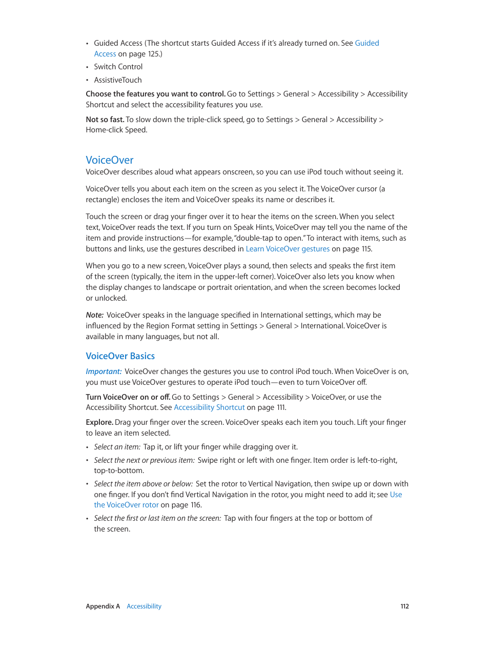 Voiceover, 112 voiceover, Voiceover basics | Apple iPod touch iOS 7.1 User Manual | Page 112 / 144
